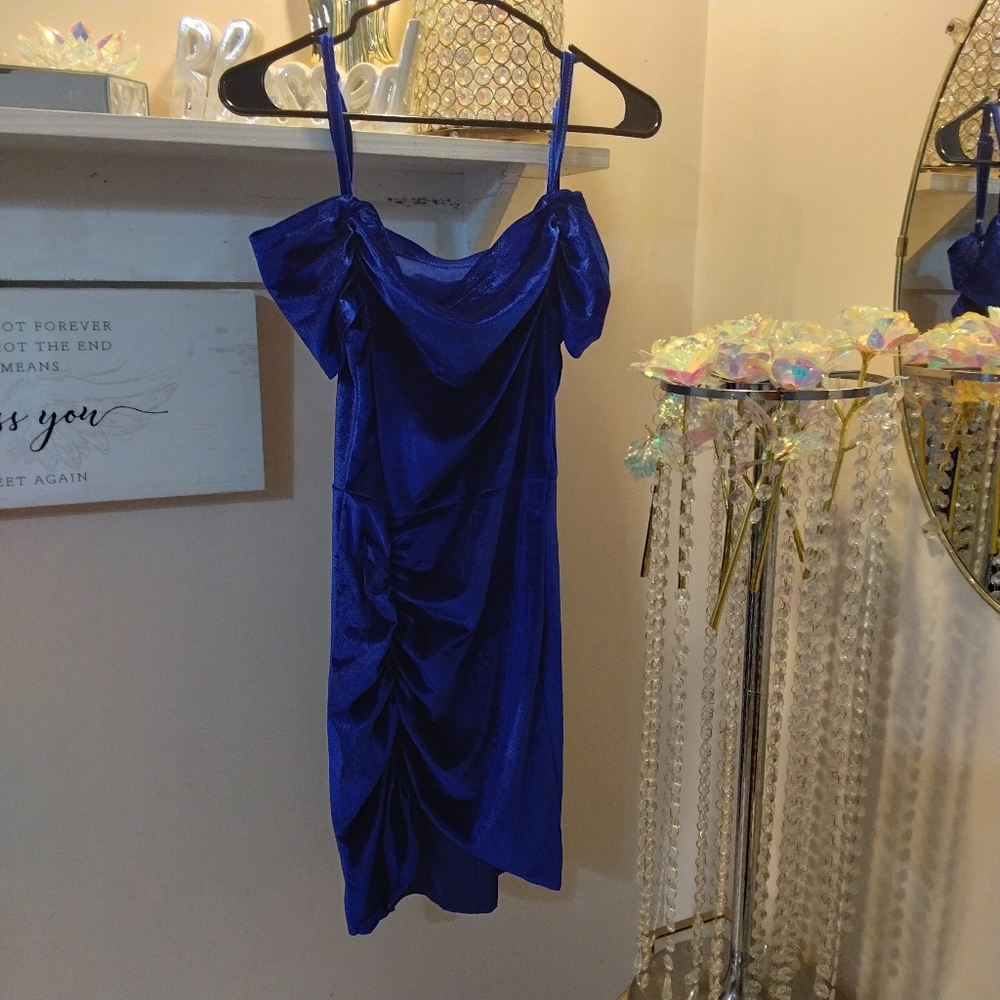 Blue Satin Drape Bodycon Dress - Women's